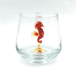 kırmızı deniz atı figürlü cam bardak el yapımı içi kırmızı deniz atı özel tasarım bardak tekli