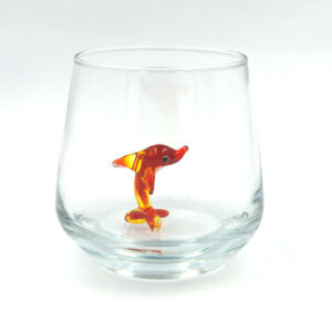 kırmızı yunus figürlü cam bardak el yapımı içi yeşil yunuslu özel tasarım bardak tekli