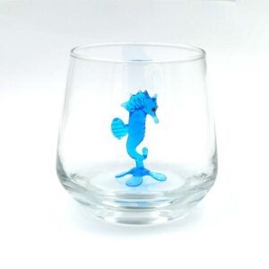 mavi deniz atı figürlü cam bardak el yapımı içi mavi deniz atı özel tasarım bardak tekli