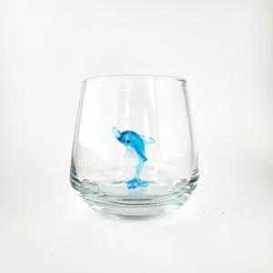 içi mavi yunus balığı figürlü el yapımı cam meşrubat bardağı