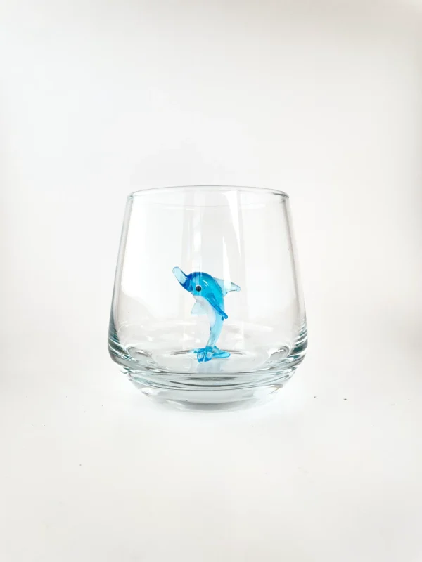 içi mavi yunus balığı figürlü el yapımı cam meşrubat bardağı