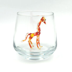 benekli kırımızı zürafa figürlü cam bardak el yapımı içi kırmızı zürafa özel tasarım bardak tekli