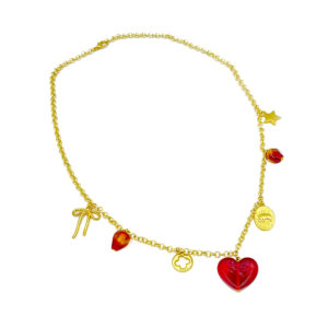 sarı zincirli kırmızı cam kalp figürlü kadın kolye